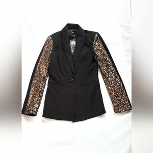 NWT! Chic Gold Sequin Sleeve Mixed Media Women's Embellished Blazer Jacket Small